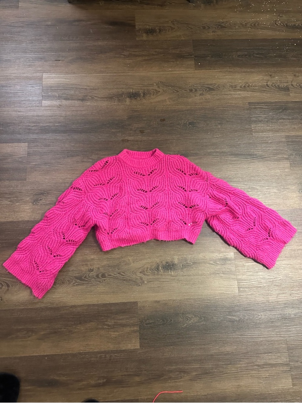 Bright Pink Cropped Openwork Knit Sweater - Women's Crewneck